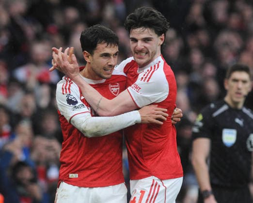 Football - 2025 2026 Premier League - Arsenal vs Sunderland - Emirates Stadium - Saturday 7th February 2026 Martin Zubimendi of Arsenal celebrates his goal with Declan Rice 