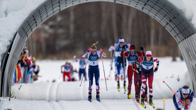 OLYMPICS - Winter Olympic Games, Olympische Spiele, Olympia, OS Milano Cortina 2026 VAL DI FIEMME,ITALY,07.FEB.26 - OLYMPICS, CROSS COUNTRY SKIING - Winter Olympic Games Milano Cortina 2026, 10km, 10km Skiathlon, women. Image shows Jessie Diggins (USA), Marina Kaelin (SUI), Pia Fink (GER) and Teresa Stadlober (AUT).  GEPAxpictures xOliverxLerch