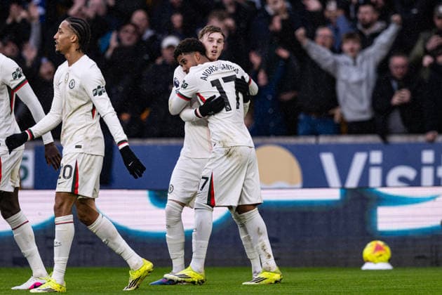 7th February 2026; Molineux Stadium, Wolverhampton, West Midlands, England; Premier League Football, Wolverhampton Wanderers versus Chelsea; Cole Palmer of Chelsea celebrates with Andrey Santos after scoring his third goal in the 38th minute to make the score 0-3  GodfreyxPitt