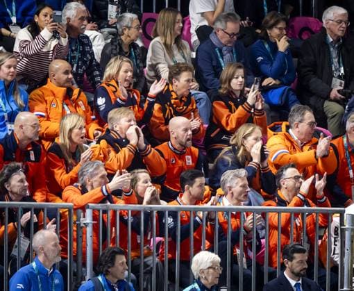 MILAN - Queen Maxima, caretaker Prime Minister Dick Schoof, King Willem-Alexander, and Princess Amalia during the 3,000-meter long track Speed skating, Eisschnelllauf event at the Milan Speed Skating Stadium at the Milan Winter Olympics. SEM VAN DER WAL ANP xVIxANPxSportx xxANPxIVx 549929645 originalFilename: 549929645.jpg