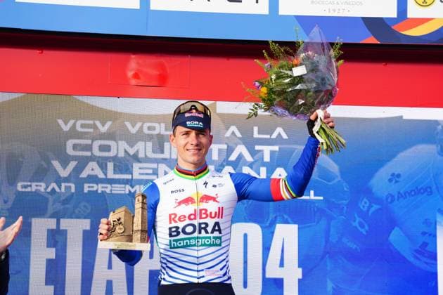 Belgian Remco Evenepoel of Red Bull-BORA-hansgrohe celebrates on the podium after winning stage 4 of the 2026 Volta Comunitat Valenciana, Tour of Valencia cycling race, a race from La Nucia to Teulada Moraira (172,2 km), on Saturday 07 February 2026 in Spain. The race takes place from 4 to 8 February and runs through the three provinces of the Valencian Community. JOMAxGARCIA  x161779438x