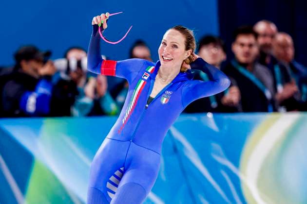 Francesca Lollobrigida of Italy celebrates after Women 3000m, Milano Cortina 2026 Winter Olympics: Day 1, Speed skating, Eisschnelllauf - Milano Cortina 2026 Winter Olympics: Day 1, Milano Speed Skating Stadium, February 7, 2026, Milan, Italy.