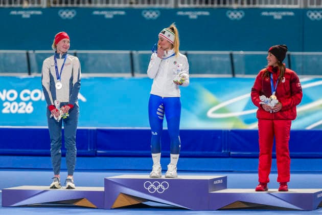 Winter Olympics in Milan Cortina 2026 Milan, Italy 20260207. Gold medalist Francesca Lollobrigida of Italy (center), silver medalist Ragne Wiklund of Norway (left) and bronze medalist ValÃ rie Maltais of Canada (right) during the medal ceremony for the women s 3000 m Speed skating, Eisschnelllauf at the Milan Cortina 2026 Winter Olympics. Photo: Heiko Junge NTB Milano Italy EDITORIAL USE ONLY. RESTRICTED USE FOR BETTING COMPANIES Ref:_SPO_iXNrgHIBCs.jpg *** Winter Olympics in Milan Cortina 2026 Milan, Italy 20260207 Gold medalist Francesca Lollobrigida of Italy center , silver medalist Ragne Wiklund of Norway left and bronze medalist ValÃ rie Maltais of Canada right during the medal ceremony for the women s 3000 m speed skating at the Milan Cortina 2026 Winter Olympics Photo Heiko Junge NTB Milano Italy EDITORIAL USE ONLY RESTRICTED USE FOR BETTING COMPANIES  Copyright: xHeikoxJungex xNTBx