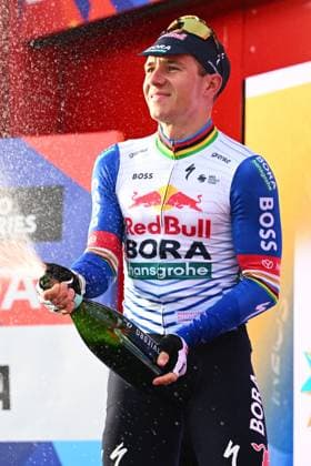 Tour of Valencia 2026 Stage 4 TEULADA MORAIRA, SPAIN - FEBRUARY 07 : Evenepoel Remco (BEL) of Red Bull BORA Hansgrohe celebrating his Victory on the podium during stage 4 of the 77th edition of Volta a la Comunitat Valenciana an UCI ProSeries 2.Pro cycling road race stage for Men Elite of 172.2 km with start in La Nucia and finish in Teulada Moraira on February 7, 2026 in Teulada Moraira, Spain, 07 02 2026 Teulada Moraira Spain  Copyright: xVincentxKalutx