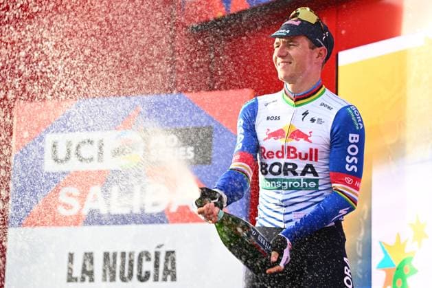 Tour of Valencia 2026 Stage 4 TEULADA MORAIRA, SPAIN - FEBRUARY 07 : Evenepoel Remco (BEL) of Red Bull BORA Hansgrohe celebrating his Victory on the podium during stage 4 of the 77th edition of Volta a la Comunitat Valenciana an UCI ProSeries 2.Pro cycling road race stage for Men Elite of 172.2 km with start in La Nucia and finish in Teulada Moraira on February 7, 2026 in Teulada Moraira, Spain, 07 02 2026 Teulada Moraira Spain  Copyright: xVincentxKalutx