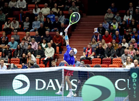 Czech Dalibor Svrcina in action during the qualification duel of tennis Davis Cup: Czechia vs Sweden in Jihlava, Czech Republic, February 7, 2026. (CTKxPhoto LiborxPlihal) CTKPhotoP2026020705336  CTKPhotoP2026020705336