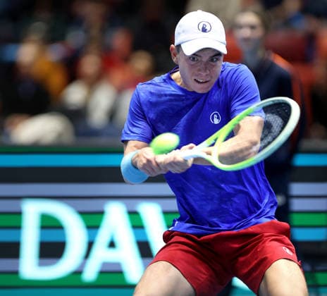 Czech Dalibor Svrcina in action during the qualification duel of tennis Davis Cup: Czechia vs Sweden in Jihlava, Czech Republic, February 7, 2026. (CTKxPhoto LiborxPlihal) CTKPhotoP2026020705509  CTKPhotoP2026020705509
