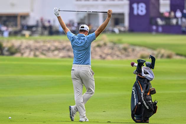 QATAR MASTERS 2026- THIRD ROUND Guido Migliozzi of Italy reacts from 18th hole during the third round of the Qatar Masters 2026 golf tournament at the Doha Golf Club in Doha, Qatar, on February 7, 2026 DOHA Qatar Copyright: xNOUSHADx