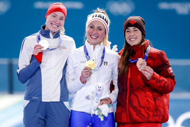 2026-02-07 Speed skating, Eisschnelllauf - Milano Cortina 2026 Winter Olympics - Day 1 MILAN, ITALY - FEBRUARY 7: Ragne Wiklund of Norway, Francesca Lollobrigida of Italy, Valerie Maltais of Canada during the podium ceremony after competing in the Women s 3000m during Day 1 of Speed Skating - Milano Cortina 2026 Winter Olympics at Milano Speed Skating Stadium on February 7, 2026 in Milan, Italy. (Photo by Joris Verwijst BSR Agency) Milan Italy Content not available for redistribution in The Netherlands directly or indirectly through any third parties. Copyright: xBSRxAgencyx