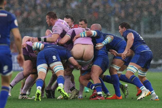 Grant Gilchrist of Scotland loses his shorts in a maul. Italy v Scotland, Guinness Six Nations Championship, Rugby Union, Stadio Olimpico, Rome, Italy - 07 Feb 2026Rome Stadio Olimpico Italy EDITORIAL USE ONLY No use with unauthorised audio, video, data, fixture lists, club league logos or live services. Online in-match use limited to 120 images, no video emulation. No use in betting, games or single club league player publications.  Copyright: xTimxRogers Shutterstockx 16524321y