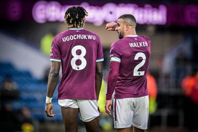 7th February 2026; Turf Moor, Burnley, Lancashire, England; Premier League Football, Burnley versus West Ham United; Lesley Ugochukwu stands with Kyle Walker of Burnley  LeexDurkin