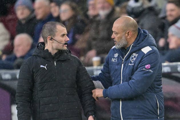 7th February 2026; Turf Moor, Burnley, Lancashire, England; Premier League Football, Burnley versus West Ham United; Manager of West Ham United Nuno Espirito Santo speaks to the 4th official  LeexDurkin