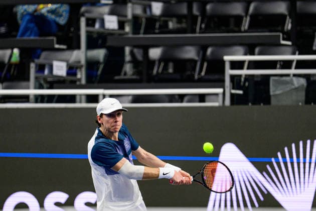 February 7, 2026, Frisco, Texas, USA: Southern Methodist University men s tennis player ALEX FINKELSTEIN during the first match of the Dallas Open qualifying session. Tristan Boyer beat Alex Finkelstein 6:4 and 6:2. Frisco USA - ZUMAm348 20260207_znp_m348_006 Copyright: xLuisxRevillaxMatax