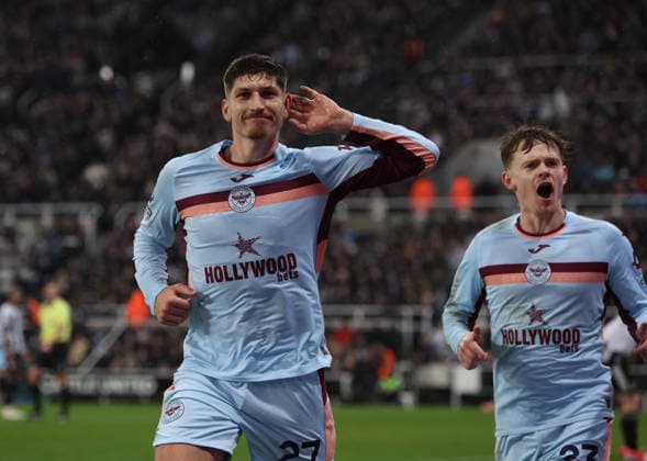 Newcastle Upon Tyne, England, 7th February 2026. Vitaly Janelt of Brentford celebrates scoring during the Newcastle United vs Brentford Premier League match at St. James Park, Newcastle Upon Tyne. Picture credit should read: Nigel Roddis Sportimage EDITORIAL USE ONLY. No use with unauthorised audio, video, data, fixture lists, club league logos or live services. Online in-match use limited to 120 images, no video emulation. No use in betting, games or single club league player publications. SPI_027_NR_NEWC_BREN SPI-4513-0027