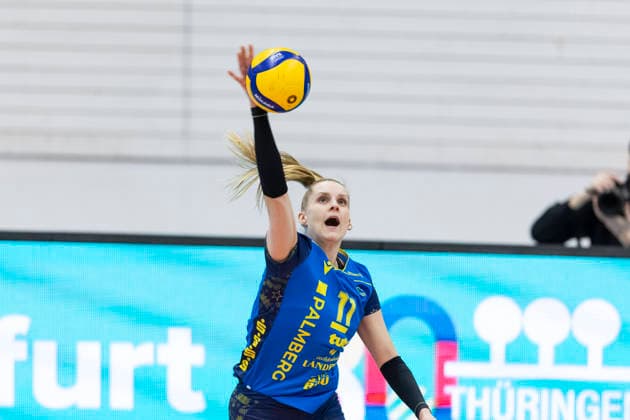 1. Volleyball Bundesliga Frauen: Schwarz-Weiss Erfurt vs. SSC Palmberg Schwerin; Erfurt; 07.02.2026 Annegret Hölzig ( 11; SSC Palmberg Schwerin) 1. Volleyball Bundesliga Frauen: Schwarz-Weiss Erfurt vs. SSC Palmberg Schwerin; Riethsporthalle Erfurt; 07.02.2026 Copyright: xBEAUTIFULxSPORTS Duehringx