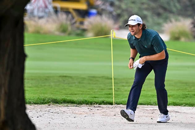 QATAR MASTERS 2026- THIRD ROUND Angel Ayora of Spain reacts from the 18th hole during the third round of the Qatar Masters 2026 golf tournament at the Doha Golf Club in Doha, Qatar, on February 7, 2026 DOHA Qatar Copyright: xNOUSHADx