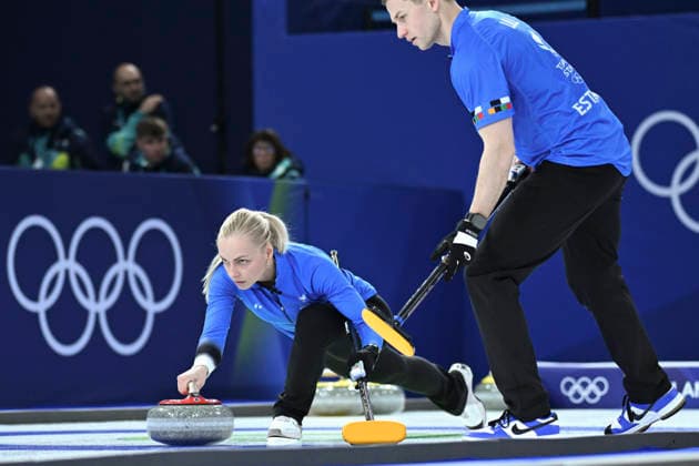 (260207) -- CORTINA D AMPEZZO, Feb. 7, 2026 -- Marie Kaldvee (L) and Harri Lill of Estonia compete during the curling mixed doubles round robin session 8 match of the 2026 Milan-Cortina Winter Olympics in Cortina D Ampezzo, Italy, Feb. 7, 2026. ) (MICO2026)ITALY-CORTINA D AMPEZZO-OLYMPIC Winter games, Winterspiele,Spiele, Summer games CURLING-MIXED DOUBLES-ROUND ROBIN LianxYi 