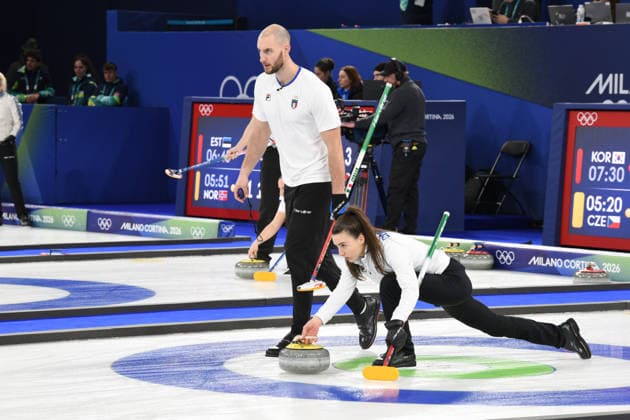 CORTINA, OLYMPICS, MIXED DOUBLES CURLING ITALY-SWEDEN, IN THE PHOTO Amos Mosaner Stefania Constantini  Copyright: xFRANCESCAxVIECELIx xipa-agency.netx xFrancescaxViecelix IPA_71082439 IPA_Agency_IPA71082439