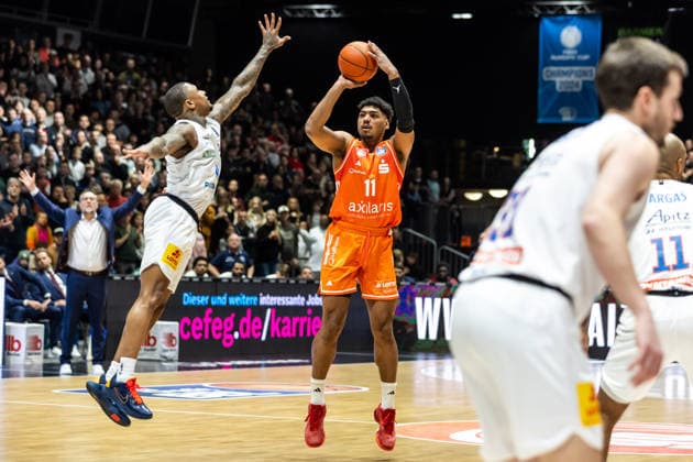 GER, easy-Credit Basketball-Bundesliga, Niners Chemnitz - Syntainics MBC. 07.02.2026, Messe, Chemnitz, GER, easy-Credit Basketball-Bundesliga, Niners Chemnitz - Syntainics MBC. Kostja Mushidi (Niners Chemnitz, 11) Foto Alexander Trienitz Chemnitz Messe Sachsen Deutschland