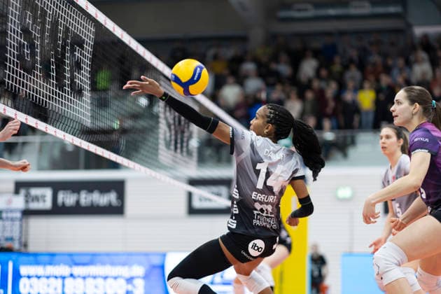 1. Volleyball Bundesliga Frauen: Schwarz-Weiss Erfurt vs. SSC Palmberg Schwerin; Erfurt; 07.02.2026 Alianza Darley ( 14; Schwarz-Weiss Erfurt) 1. Volleyball Bundesliga Frauen: Schwarz-Weiss Erfurt vs. SSC Palmberg Schwerin; Riethsporthalle Erfurt; 07.02.2026 Copyright: xBEAUTIFULxSPORTS Duehringx