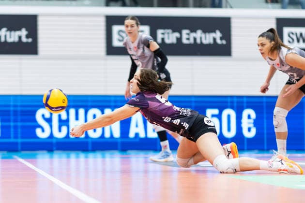 1. Volleyball Bundesliga Frauen: Schwarz-Weiss Erfurt vs. SSC Palmberg Schwerin; Erfurt; 07.02.2026 Mia Anna Stauß ( 55; Schwarz-Weiss Erfurt) 1. Volleyball Bundesliga Frauen: Schwarz-Weiss Erfurt vs. SSC Palmberg Schwerin; Riethsporthalle Erfurt; 07.02.2026 Copyright: xBEAUTIFULxSPORTS Duehringx