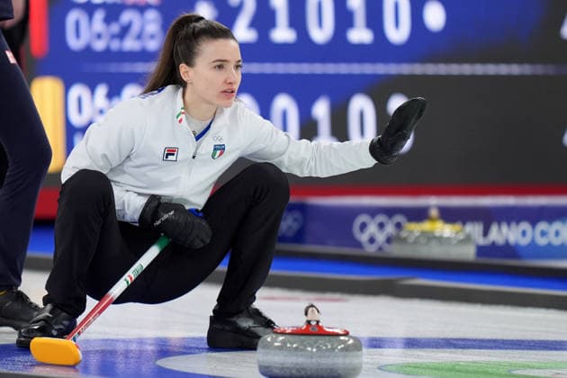 Italy s Stefania Constantini and Amos Mosaner during curling mixed doubles round robin Italy and Sweden at the Cortina Curling Olympic Stadium at the Milano Cortina 2026 Winter Olympics, in Cortina (Italy) February 7, 2026 (Spada LaPresse)  Copyright: xSpada LaPressex