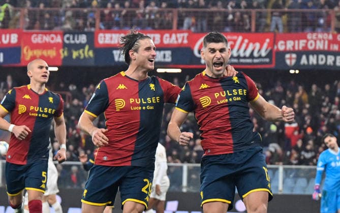 CALCIO - Serie A - Genoa CFC vs SSC Napoli Lorenzo Colombo (Genoa CFC) - Mikael Ellertsson (Genoa CFC) celebrates after scoring a goal during Genoa CFC vs SSC Napoli, Italian soccer Serie A match in Genoa, Italy, February 07 2026 Genoa Italy  Copyright: xIPAxSport ABACAx