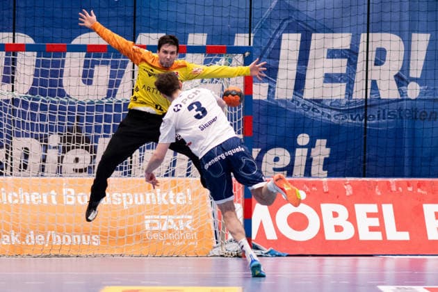 7 Meter gehalten von Marvin Siemer, (1. VFL Potsdam, 03), HBW Balingen Weilstetten vs. 1. VFL Potsdam, Handball, 2. Bundesliga, 18. Spieltag, Saison 2025 2026, 07.02.2026 Eibner-Pressefoto Andreas Ulmer HBW Balingen Weilstetten vs. 1. VFL Potsdam, Handball, 2. Bundesliga, 18. Spieltag, Saison 2025 2026, 07.02.2026 Balingen Copyright: xEibner-Pressefoto AndreasxUlmerx EP_AUR