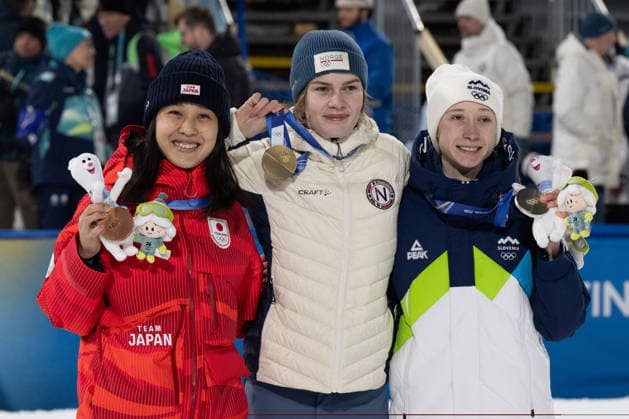 OLYMPICS - Winter Olympic Games, Olympische Spiele, Olympia, OS Milano Cortina 2026 VAL DI FIEMME,ITALY,07.FEB.26 - OLYMPICS, Ski jumping, Skispringen, Ski, nordisch - Winter Olympic Games Milano Cortina 2026, individual, normal hill, women. Image shows Nozomi Maruyama (JPN), Anna Odine Stroem (NOR) and Nika Prevc (SLO).  GEPAxpictures xOliverxLerch