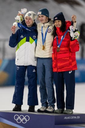 OLYMPICS - Winter Olympic Games, Olympische Spiele, Olympia, OS Milano Cortina 2026 VAL DI FIEMME,ITALY,07.FEB.26 - OLYMPICS, Ski jumping, Skispringen, Ski, nordisch - Winter Olympic Games Milano Cortina 2026, individual, normal hill, women. Image shows the podium Nika Prevc (SLO), Anna Odine Stroem (NOR) and Nozomi Maruyama (JPN). Keywords: medals, ceremony.  GEPAxpictures xOliverxLerch