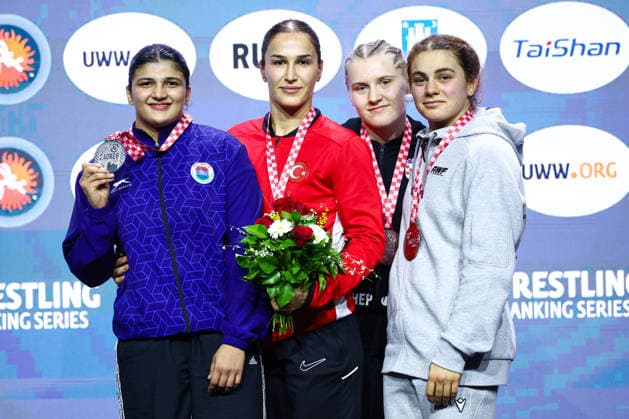Wrestling Ranking Series Zagreb Open Podium 72kg WW - Gold: Buse Cavusoglu Tosun (TUR), Silver: Diksha Malik (IND), Bronze: Veronika Vilk (CRO), Zahra Karimzada (AZE) *** Wrestling Ranking Series Zagreb Open Podium 72kg WW Gold Buse Cavusoglu Tosun TUR , Silver Diksha Malik IND , Bronze Veronika Vilk CRO , Zahra Karimzada AZE Copyright: xJakexKirkmanx xUnitedxWorldxWresx Jake Kirkman United World Wres