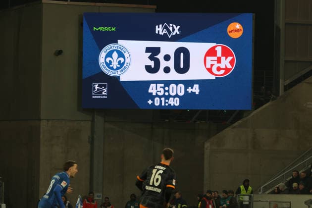 FBL-Germany 2.Bundesliga SV Darmstadt 98 - 1.FC Kaiserslautern scoreboard at halftime 3:0 during the 2.Bundesliga 2025-26 match between SV Darmstadt 98 and 1.FC Kaiserslautern at Merckstadion am Böllenfalltor on 7 February 2026 in Darmstadt, Germany (DFL DFB REGULATIONS PROHIBIT ANY USE OF PHOTOGRAPHS as IMAGE SEQUENCES and or QUASI-VIDEO)