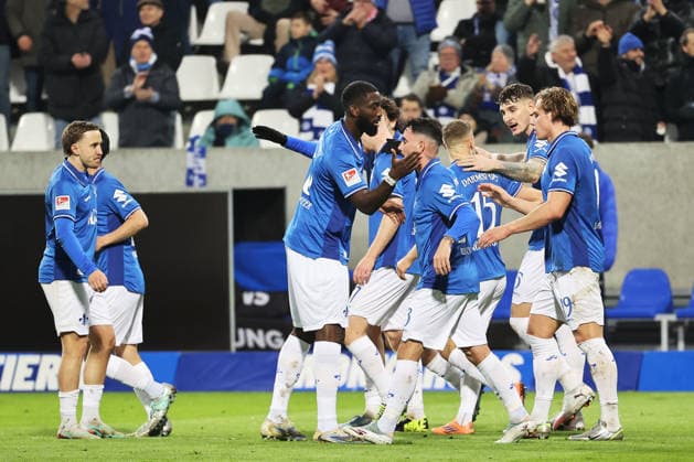 07.02.2026, xtvx, Fussball 2.Bundesliga, SV Darmstadt 98 - 1.FC Kaiserslautern v.l. Goal scored, Tor zum 2:0 Fynn Lakenmacher (SV Darmstadt 98) Maxwell Gyamfi (1. FC Kaiserslautern) Torjubel, Goal celebration, celebrate the goal, celebrates scoring (DFL DFB REGULATIONS PROHIBIT ANY USE OF PHOTOGRAPHS as IMAGE SEQUENCES and or QUASI-VIDEO) Darmstadt