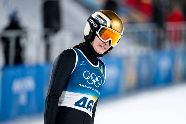 FREITAG Selina (Deutschland) im Ziel, ITA, Olympische Spiele Milano Cortina 2026, Olympia, Skispringen, Normalschanze Einzel Damen, 07.02.2026 ITA, Olympische Spiele Milano Cortina 2026, Olympia, Skispringen, Normalschanze Einzel Damen, 07.02.2026 Predazzo *** FREITAG Selina Germany at the finish, ITA, Olympic Games Milano Cortina 2026, Olympic Games, Ski jumping, normal hill individual women, 07 02 2026 ITA, Olympic Games Milano Cortina 2026, Olympic Games, Ski jumping, normal hill individual women, 07 02 2026 Predazzo Copyright: xEibner-Pressefoto Memmlerx EP_MMR