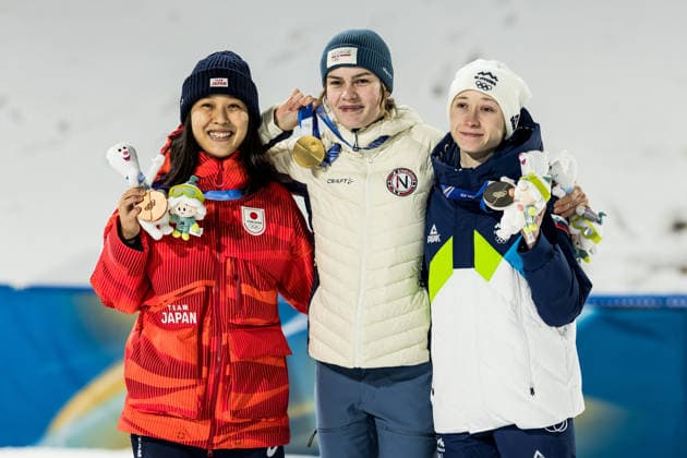 PREDAZZO, ITALY - FEBRUARY 7: Bronze Nozomi Maruyama (Japan), Gold Anna Odine Stroem (Norway) and Silver Nika Prevc (Slowenia) posing together during the Ski jumping, Skispringen, Ski, nordisch Women s Normal Hill Individual at the Milano Cortina 2026 Olympics at Predazzo Ski Jumping Stadium on day 2 of the Milano Cortina 2026 Olympics on February 7, 2026 in Predazzo, Italy. Editorial use only. Trentino-Suedtirol Italy Copyright: xSteffiexWunderlx