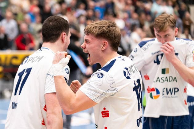 Max Guenther, (1. VFL Potsdam, 14), feiert den Sieg, HBW Balingen Weilstetten vs. 1. VFL Potsdam, Handball, 2. Bundesliga, 18. Spieltag, Saison 2025 2026, 07.02.2026 Eibner-Pressefoto Andreas Ulmer HBW Balingen Weilstetten vs. 1. VFL Potsdam, Handball, 2. Bundesliga, 18. Spieltag, Saison 2025 2026, 07.02.2026 Balingen Copyright: xEibner-Pressefoto AndreasxUlmerx EP_AUR