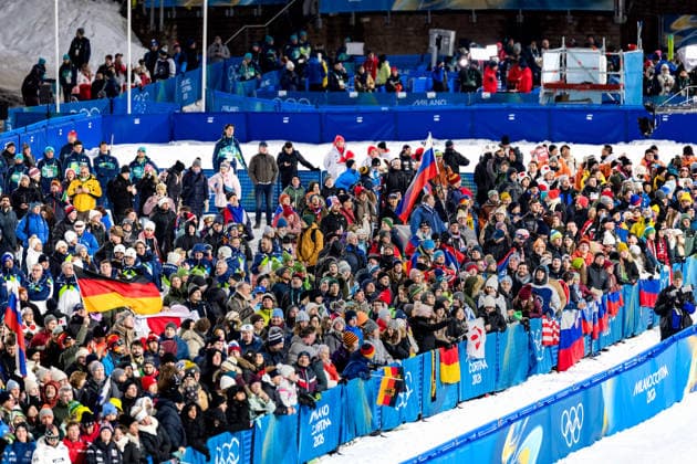 OLYMPICS - Winter Olympic Games, Olympische Spiele, Olympia, OS Milano Cortina 2026 VAL DI FIEMME,ITALY,07.FEB.26 - OLYMPICS, Ski jumping, Skispringen, Ski, nordisch - Winter Olympic Games Milano Cortina 2026, individual, normal hill, women. Image shows fans.  GEPAxpictures xMatthiasxTrinkl