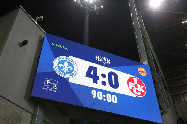 07.02.2026, xrekx, Fussball 2.Bundesliga, SV Darmstadt 98 - 1.FC Kaiserslautern v.l. Spielende Anzeigetafel, Videowall, Scoreboard, Info, Werbung Endstand 4:0 (DFL DFB REGULATIONS PROHIBIT ANY USE OF PHOTOGRAPHS as IMAGE SEQUENCES and or QUASI-VIDEO) Darmstadt