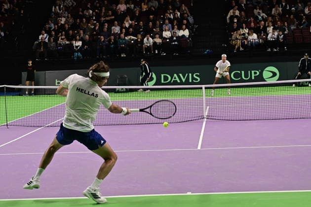 Davis Cup 2026 - Stefanos Tsitsipas of Greece in action against Rodrigo Pacheco Mendez of Mexico during the Davis Cup World Group 1st Round tennis match between Greece and Mexico held in Taekwondo Faliro Olympic Center, Athens, Greece, 7 February 2026. IMAGO ONE INCH PRODUCTIONS ATHENS Greece Copyright: xONExINCHxPRODUCTIONSx 6842385