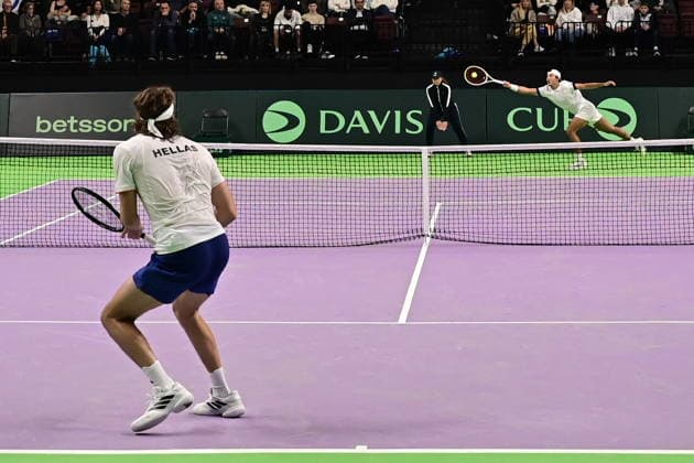 Davis Cup 2026 - Stefanos Tsitsipas of Greece in action against Rodrigo Pacheco Mendez of Mexico during the Davis Cup World Group 1st Round tennis match between Greece and Mexico held in Taekwondo Faliro Olympic Center, Athens, Greece, 7 February 2026. IMAGO ONE INCH PRODUCTIONS ATHENS Greece Copyright: xONExINCHxPRODUCTIONSx 6842403