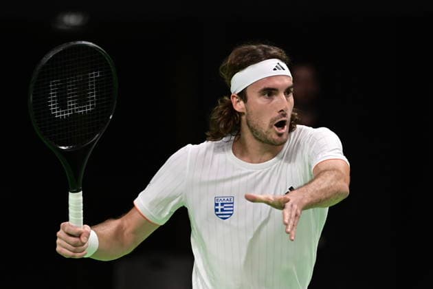 Davis Cup 2026 - Stefanos Tsitsipas of Greece in action against Rodrigo Pacheco Mendez of Mexico during the Davis Cup World Group 1st Round tennis match between Greece and Mexico held in Taekwondo Faliro Olympic Center, Athens, Greece, 7 February 2026. IMAGO ONE INCH PRODUCTIONS ATHENS Greece Copyright: xONExINCHxPRODUCTIONSx 6842300