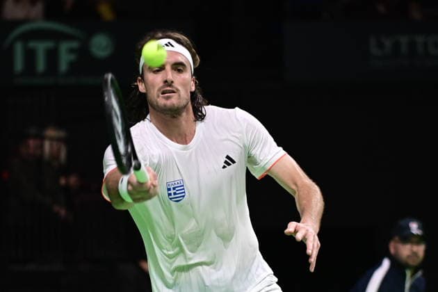 Davis Cup 2026 - Stefanos Tsitsipas of Greece in action against Rodrigo Pacheco Mendez of Mexico during the Davis Cup World Group 1st Round tennis match between Greece and Mexico held in Taekwondo Faliro Olympic Center, Athens, Greece, 7 February 2026. IMAGO ONE INCH PRODUCTIONS ATHENS Greece Copyright: xONExINCHxPRODUCTIONSx 6842350