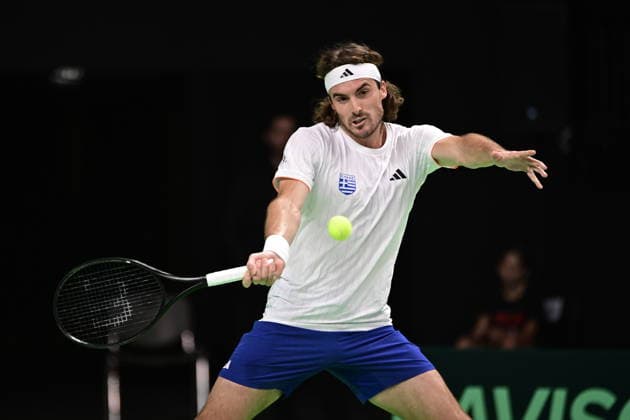 Davis Cup 2026 - Stefanos Tsitsipas of Greece in action against Rodrigo Pacheco Mendez of Mexico during the Davis Cup World Group 1st Round tennis match between Greece and Mexico held in Taekwondo Faliro Olympic Center, Athens, Greece, 7 February 2026. IMAGO ONE INCH PRODUCTIONS ATHENS Greece Copyright: xONExINCHxPRODUCTIONSx 6842230