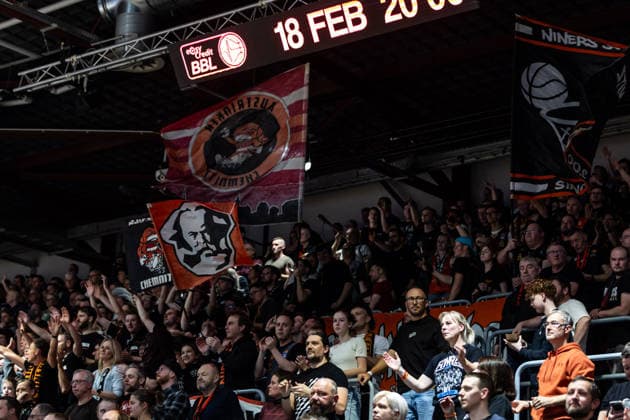 GER, easy-Credit Basketball-Bundesliga, Niners Chemnitz - Syntainics MBC. 07.02.2026, Messe, Chemnitz, GER, easy-Credit Basketball-Bundesliga, Niners Chemnitz - Syntainics MBC. Fans von den Niners Chemnitz Foto Alexander Trienitz Chemnitz Messe Sachsen Deutschland