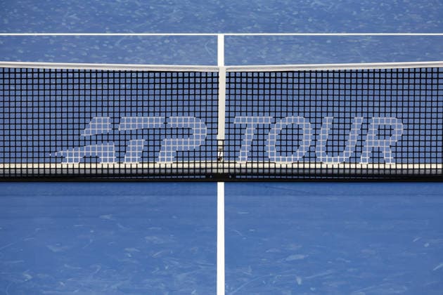 FRISCO, TX - FEBRUARY 07: ATP, Tennis Herren logo on the net for the Nexo Dallas Open on February 7, 2026 at the Ford Center at The Star in Frisco, TX. (Photo by George Walker Icon Sportswire) TENNIS: FEB 07 Dallas Open EDITORIAL USE ONLY Icon260207003