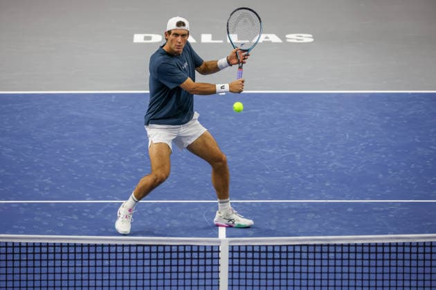 FRISCO, TX - FEBRUARY 07: Tristan Boyer (USA) hits a volley during qualifying for the Nexo Dallas Open on February 7, 2026 at the Ford Center at The Star in Frisco, TX. (Photo by George Walker Icon Sportswire) TENNIS: FEB 07 Dallas Open EDITORIAL USE ONLY Icon260207004