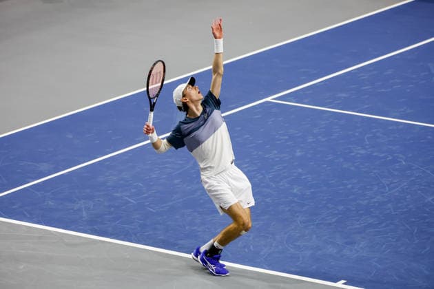 FRISCO, TX - FEBRUARY 07: Alex Finkelstein (USA) serves during qualifying for the Nexo Dallas Open on February 7, 2026 at the Ford Center at The Star in Frisco, TX. (Photo by George Walker Icon Sportswire) TENNIS: FEB 07 Dallas Open EDITORIAL USE ONLY Icon260207005