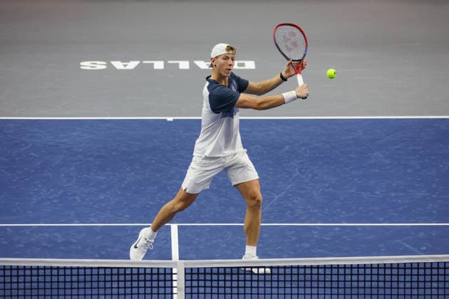 FRISCO, TX - FEBRUARY 07: Georgi Georgiev (BUL) hits a volley during qualifying for the Nexo Dallas Open on February 7, 2026 at the Ford Center at The Star in Frisco, TX. (Photo by George Walker Icon Sportswire) TENNIS: FEB 07 Dallas Open EDITORIAL USE ONLY Icon260207009