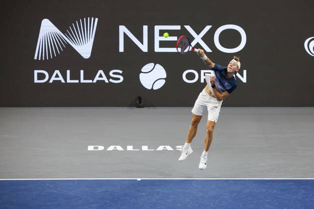FRISCO, TX - FEBRUARY 07: Georgi Georgiev (BUL) serves during qualifying for the Nexo Dallas Open on February 7, 2026 at the Ford Center at The Star in Frisco, TX. (Photo by George Walker Icon Sportswire) TENNIS: FEB 07 Dallas Open EDITORIAL USE ONLY Icon260207014