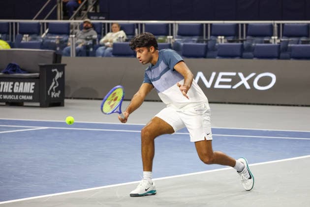 FRISCO, TX - FEBRUARY 07: Krish Arora (USA) hits a backhand during qualifying for the Nexo Dallas Open on February 7, 2026 at the Ford Center at The Star in Frisco, TX. (Photo by George Walker Icon Sportswire) TENNIS: FEB 07 Dallas Open EDITORIAL USE ONLY Icon260207020